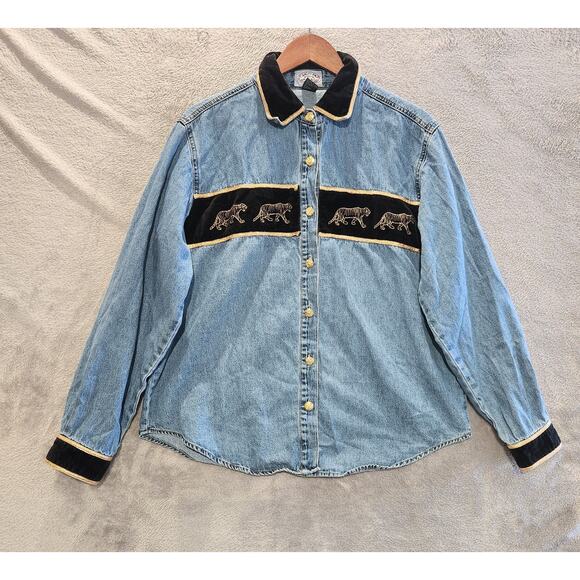 Carolina Blues Womens Vintage Denim Gold Elephant Button Up Blouse Size 16 - Picture 1 of 12